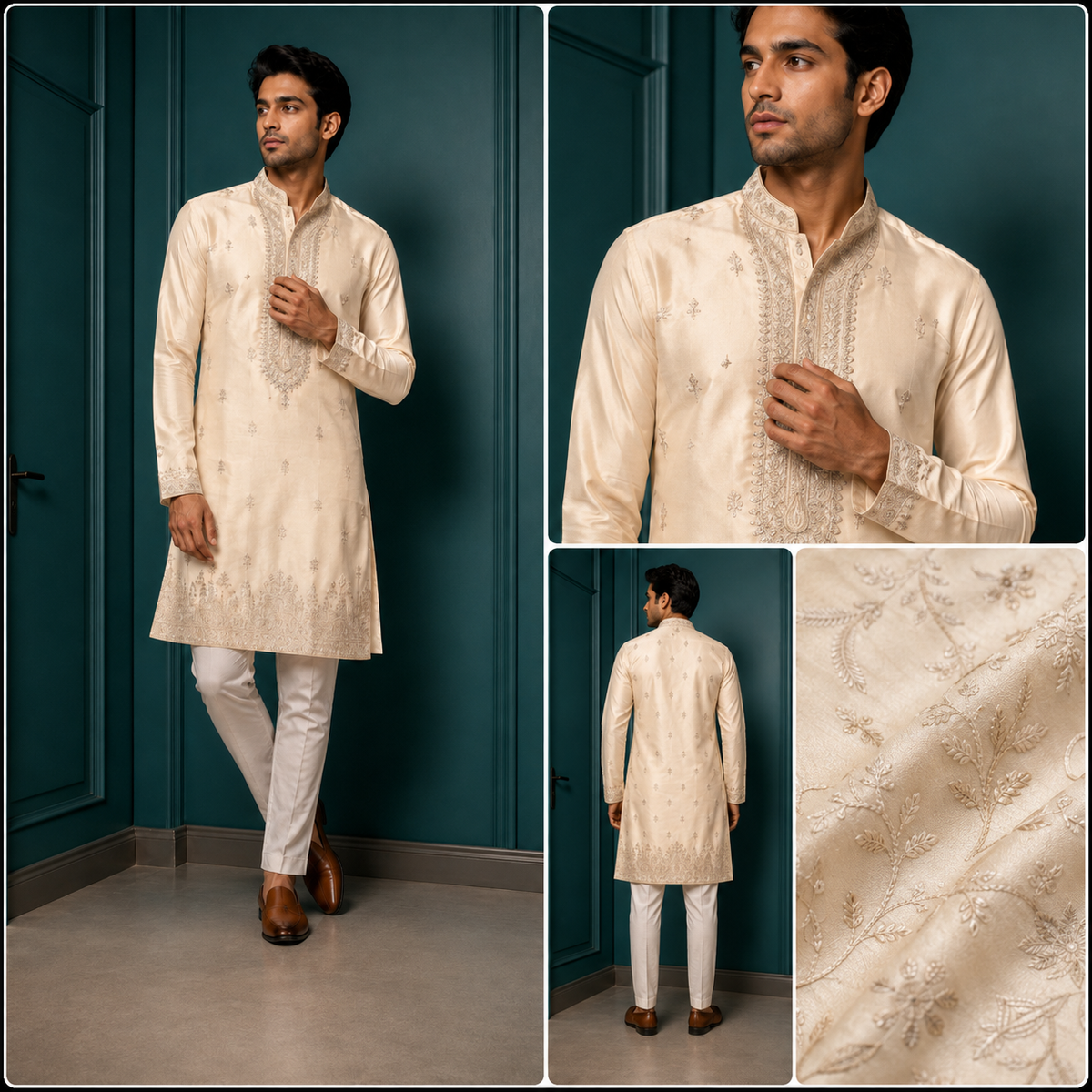 Off-White Silk Embroidered Kurta Set with Gold Zari for Men