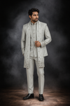 Silver Grey Embroidered Jodhpuri Suit with Stole