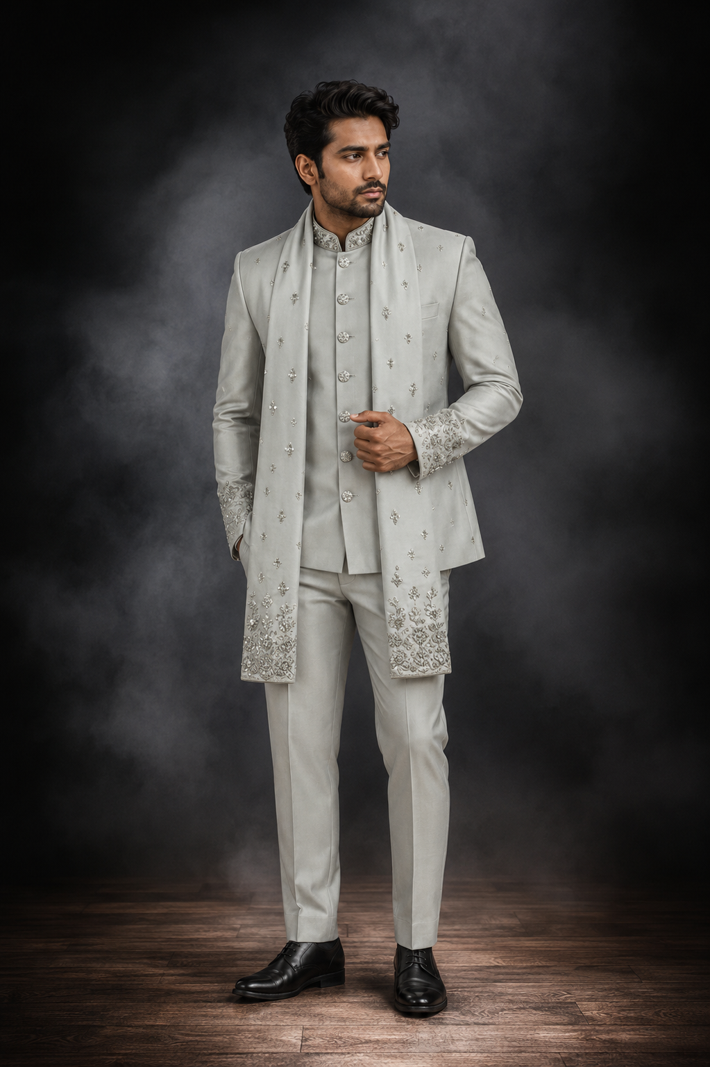 Silver Grey Embroidered Jodhpuri Suit with Stole