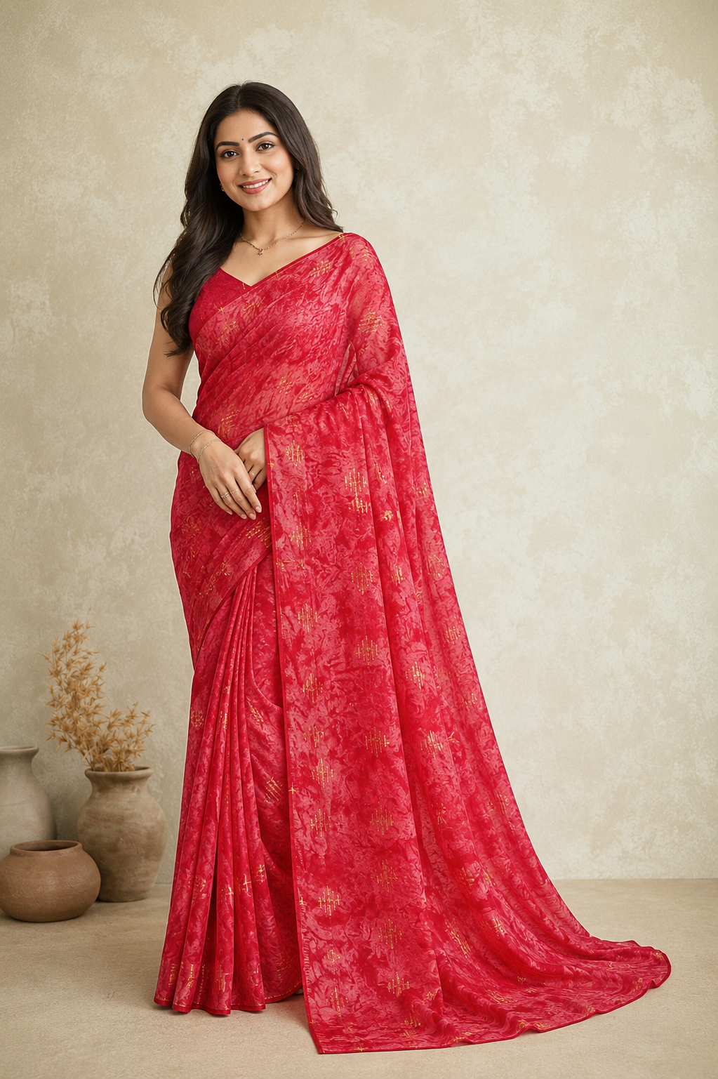 Elegant  Printed Saree with Golden Foil Motifs | Lightweight Festive Wear