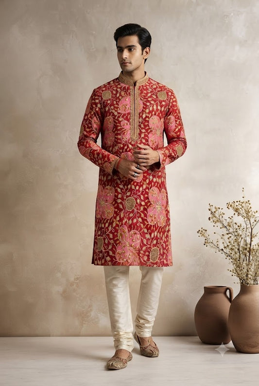 Red & Gold Floral Embroidered Festive Kurta