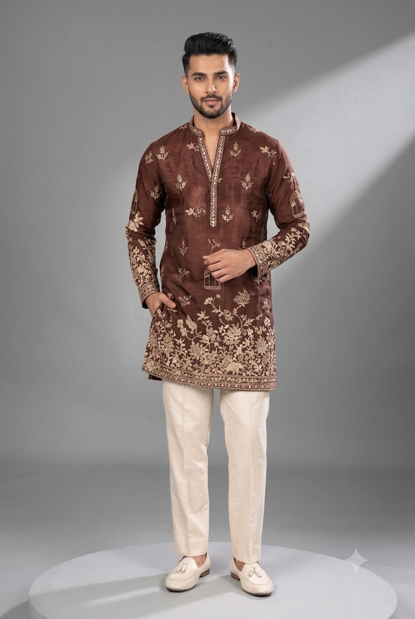 Brown Embroidered Festive Kurta Set