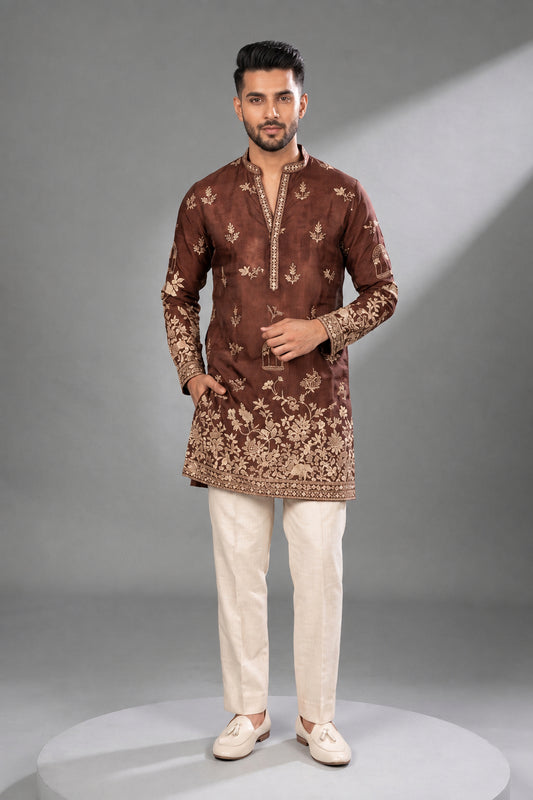 Brown Embroidered Festive Kurta Set