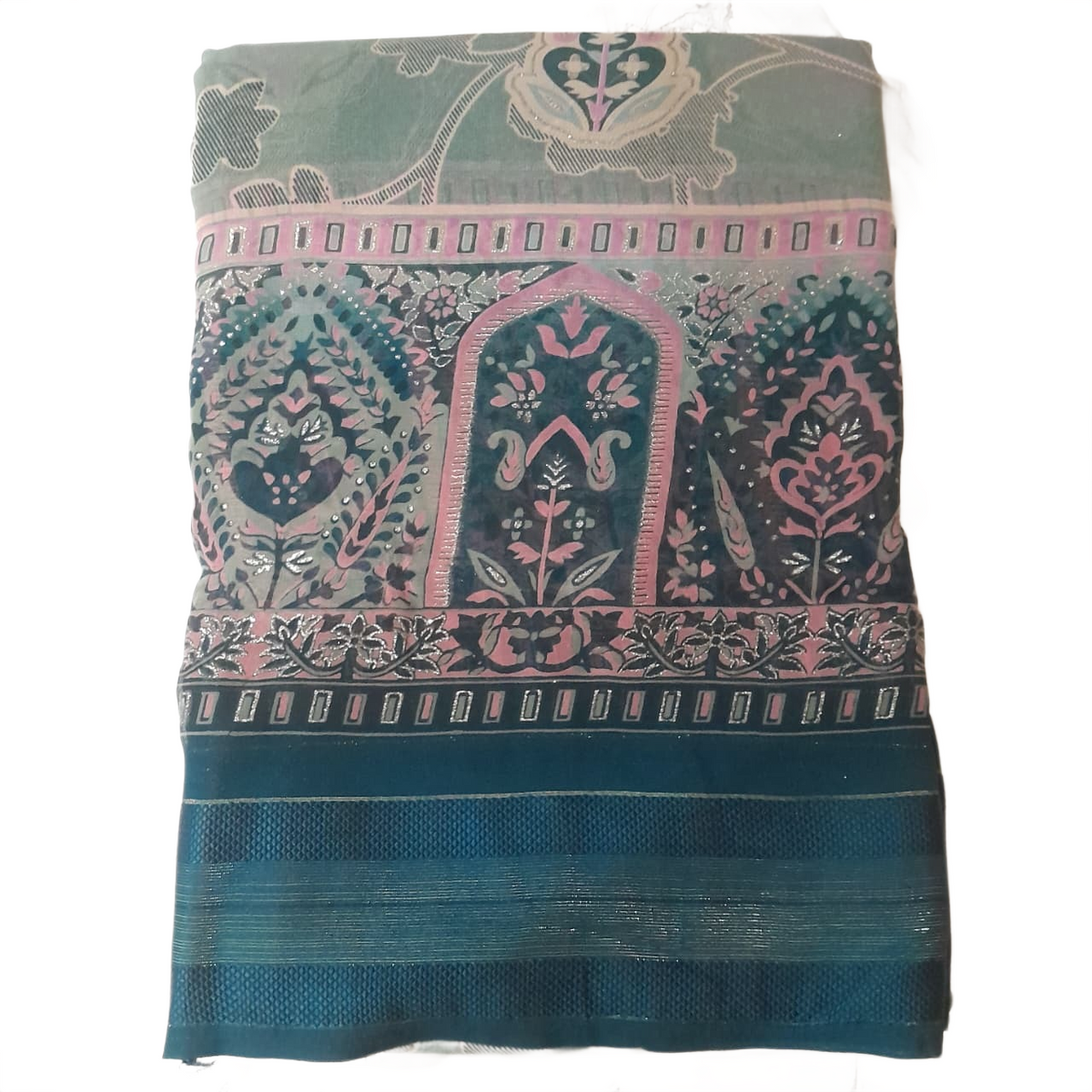 Elegant Teal Blue Printed Saree with Designer Border