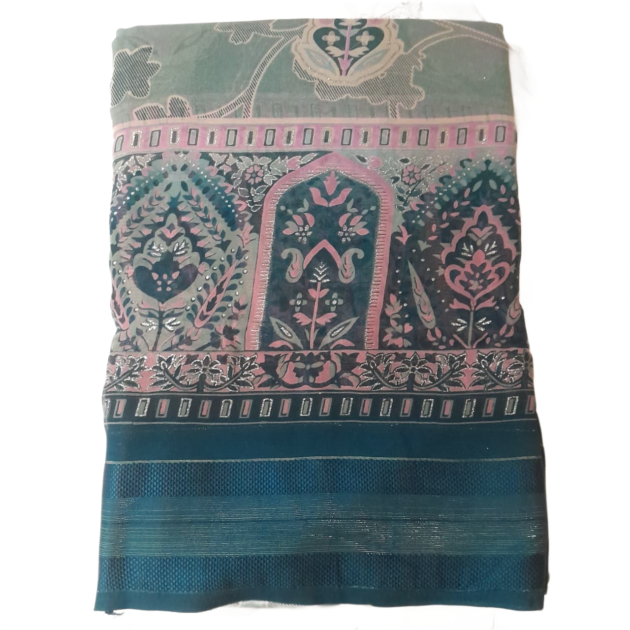 Elegant Teal Blue Printed Saree with Designer Border