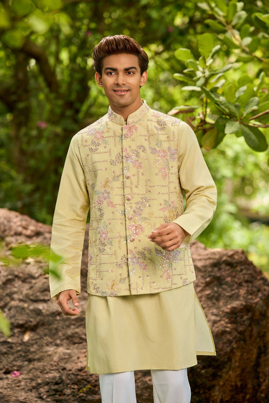Pastel Green Embroidered Nehru Jacket Kurta Set