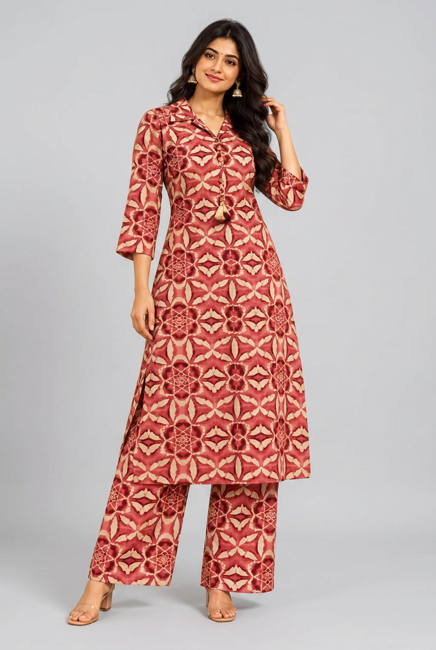 Elegant Maroon Floral Printed Kurta Palazzo Set