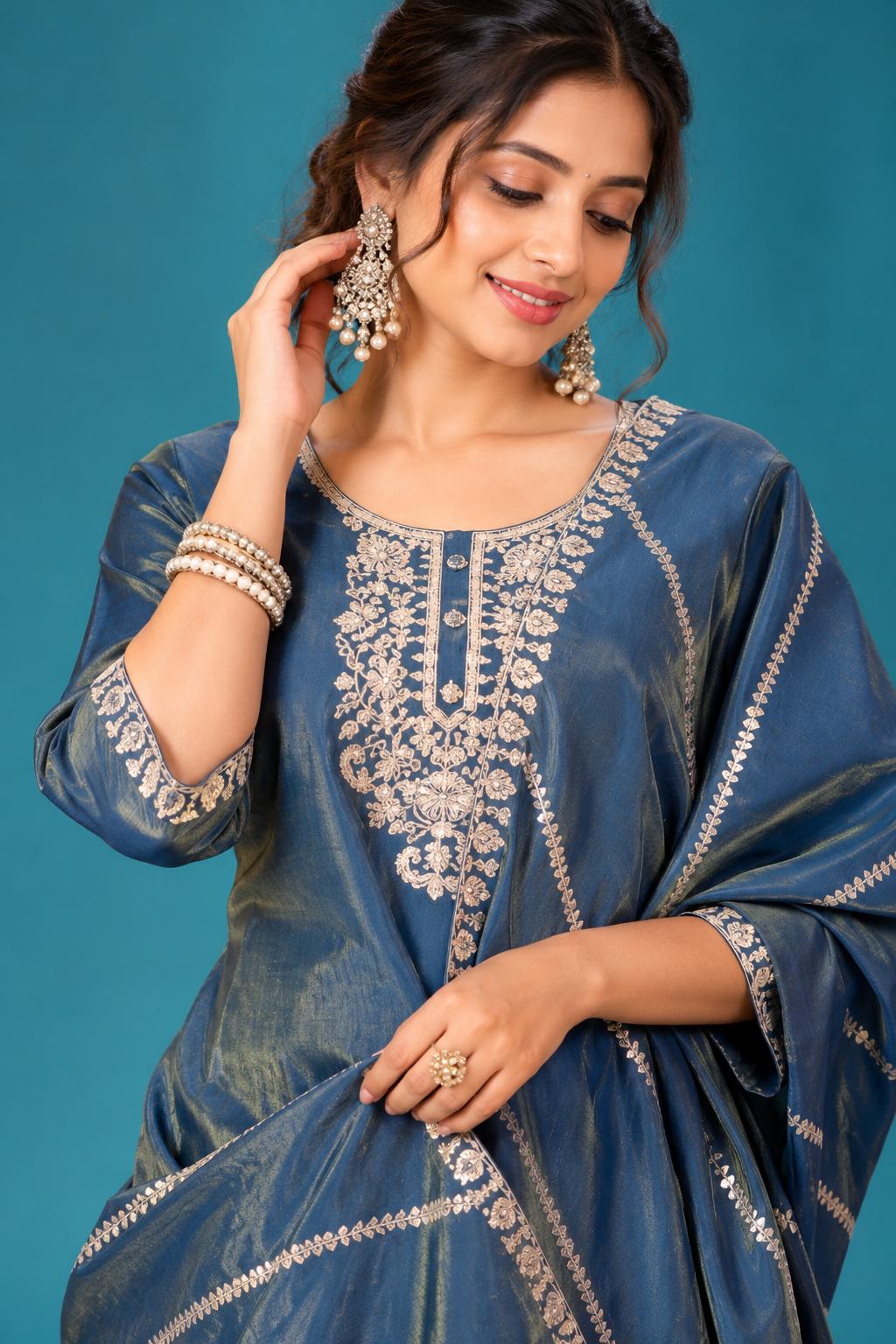 Elegant Teal Blue Embroidered Festive Suit
