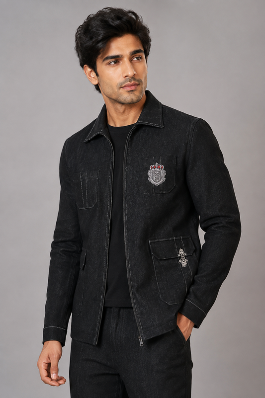 Black Embroidered Utility Jacket Set for Men