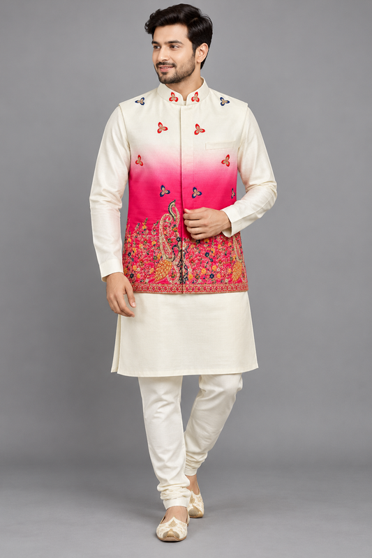 Ivory to Rani Pink Peacock Embroidered Modi Jacket