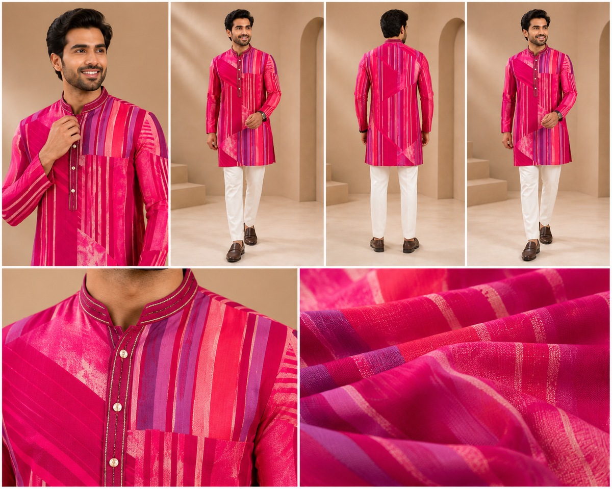 Vibrant Fuchsia Geometric Print Festive Kurta Set