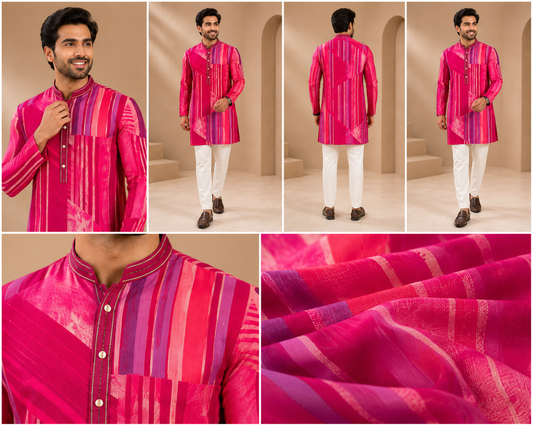 Vibrant Fuchsia Geometric Print Festive Kurta Set
