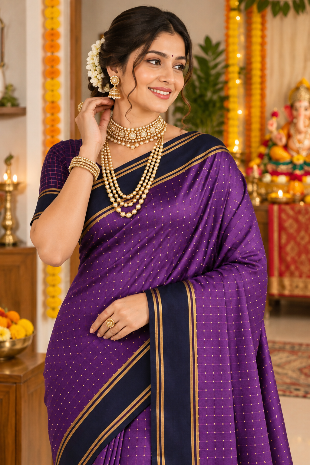 Royal Purple Saree with Navy Blue Border & Striped Pallu