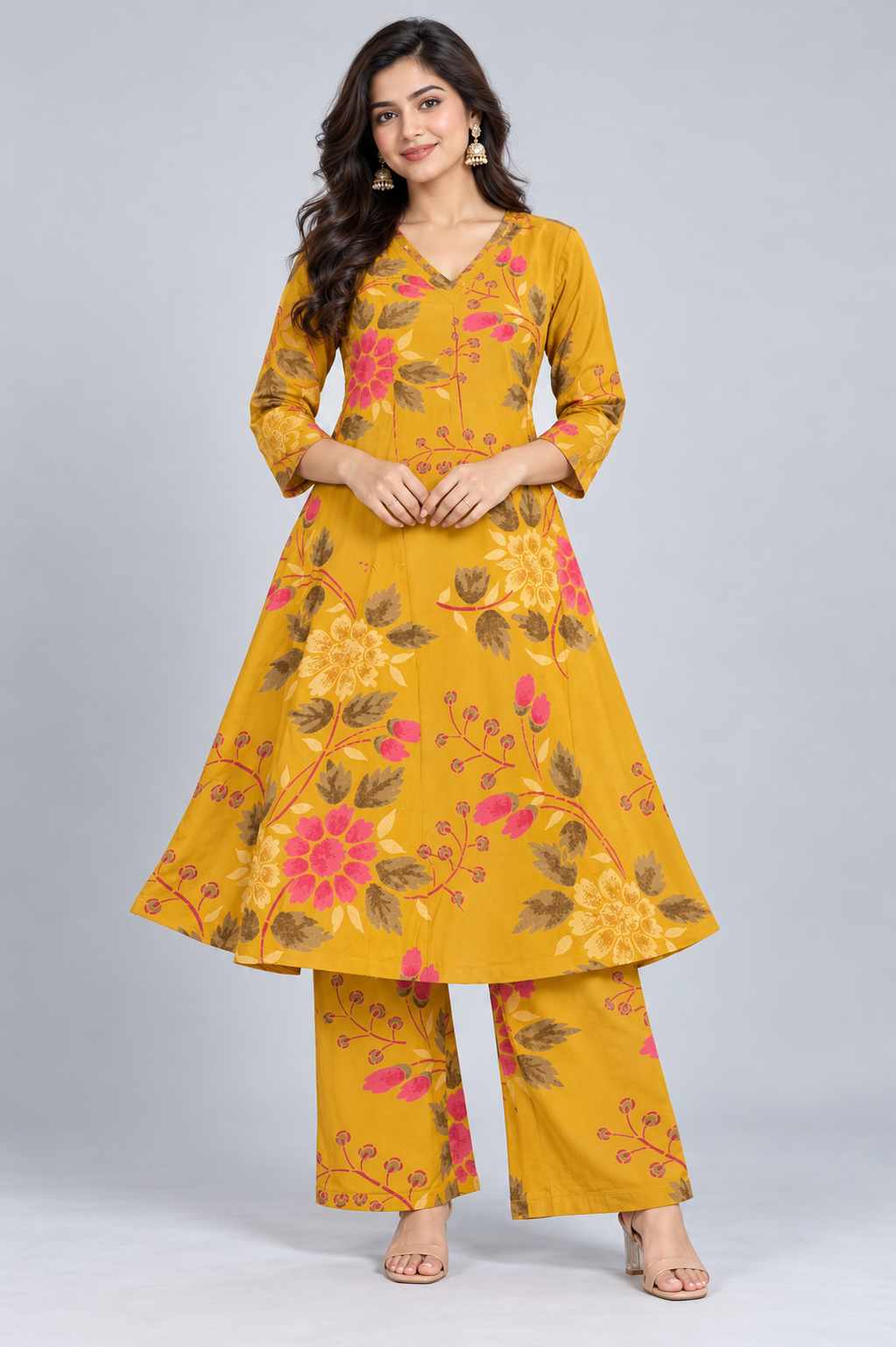 Elegant Mustard Yellow Floral Printed Kurta & Palazzo Set