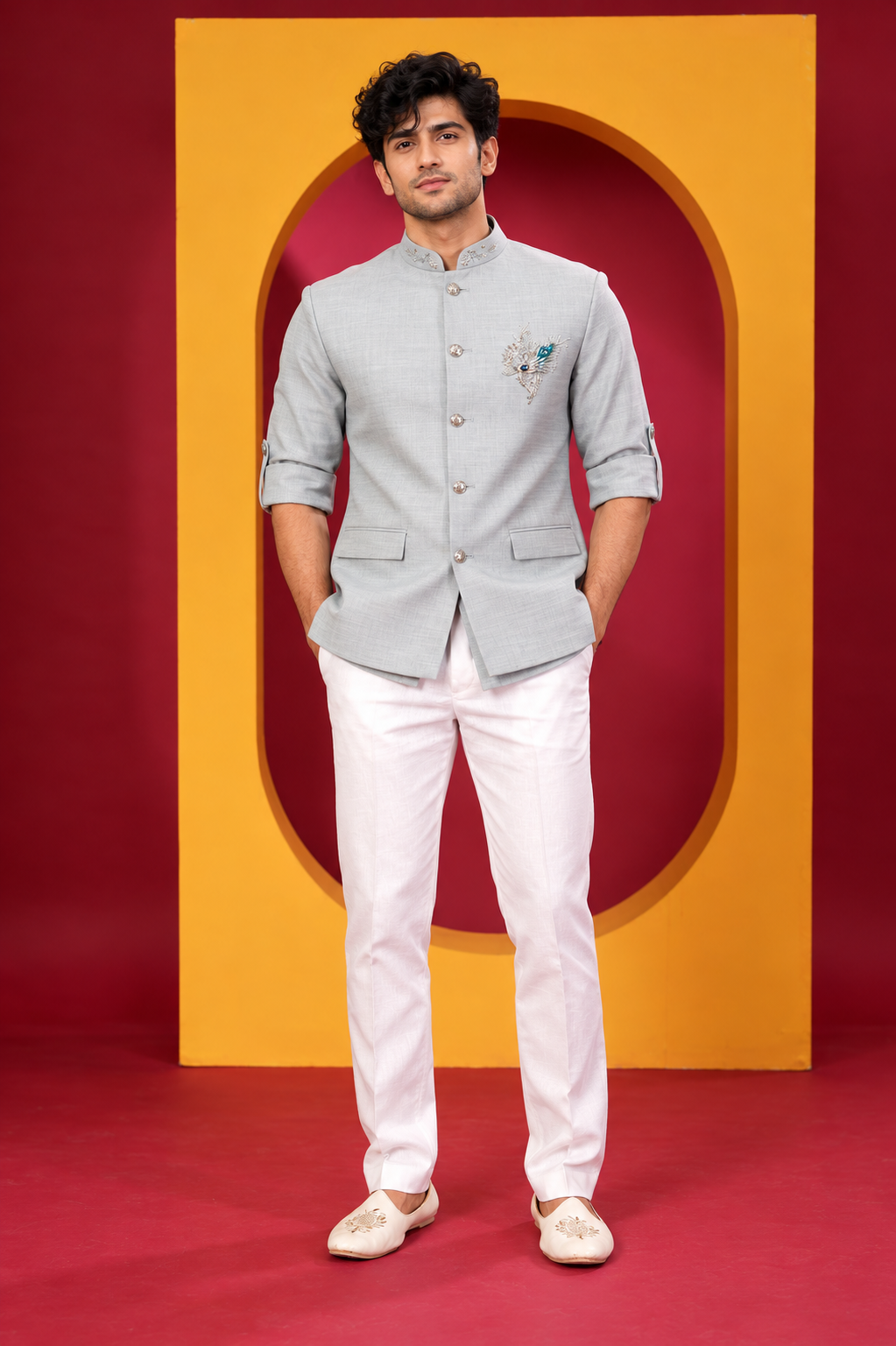 Men's Premium Light Grey Jodhpuri Jacket with White Trouser Set