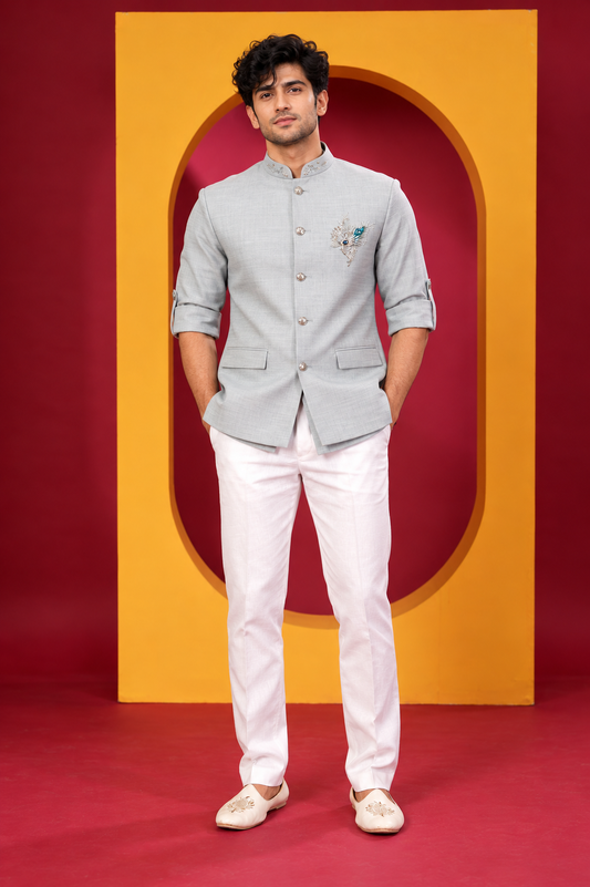 Men's Premium Light Grey Jodhpuri Jacket with White Trouser Set