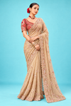 Elegant Champagne Gold Designer Saree with Delicate Floral Embroidery & Sequins Work