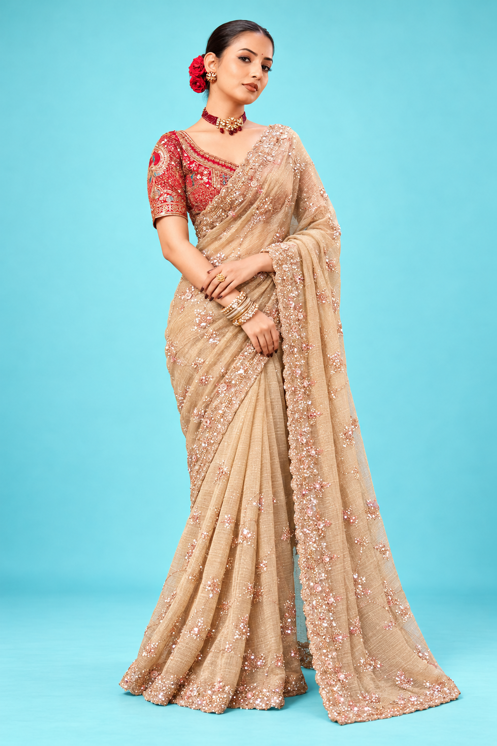 Elegant Champagne Gold Designer Saree with Delicate Floral Embroidery & Sequins Work