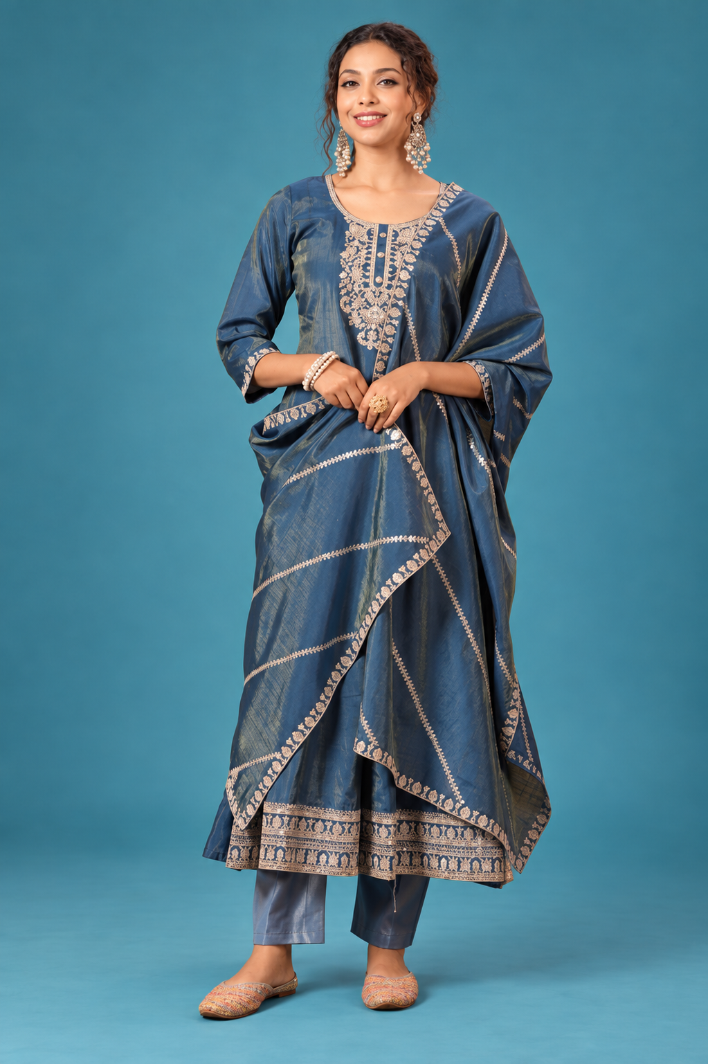 Elegant Teal Blue Embroidered Festive Suit