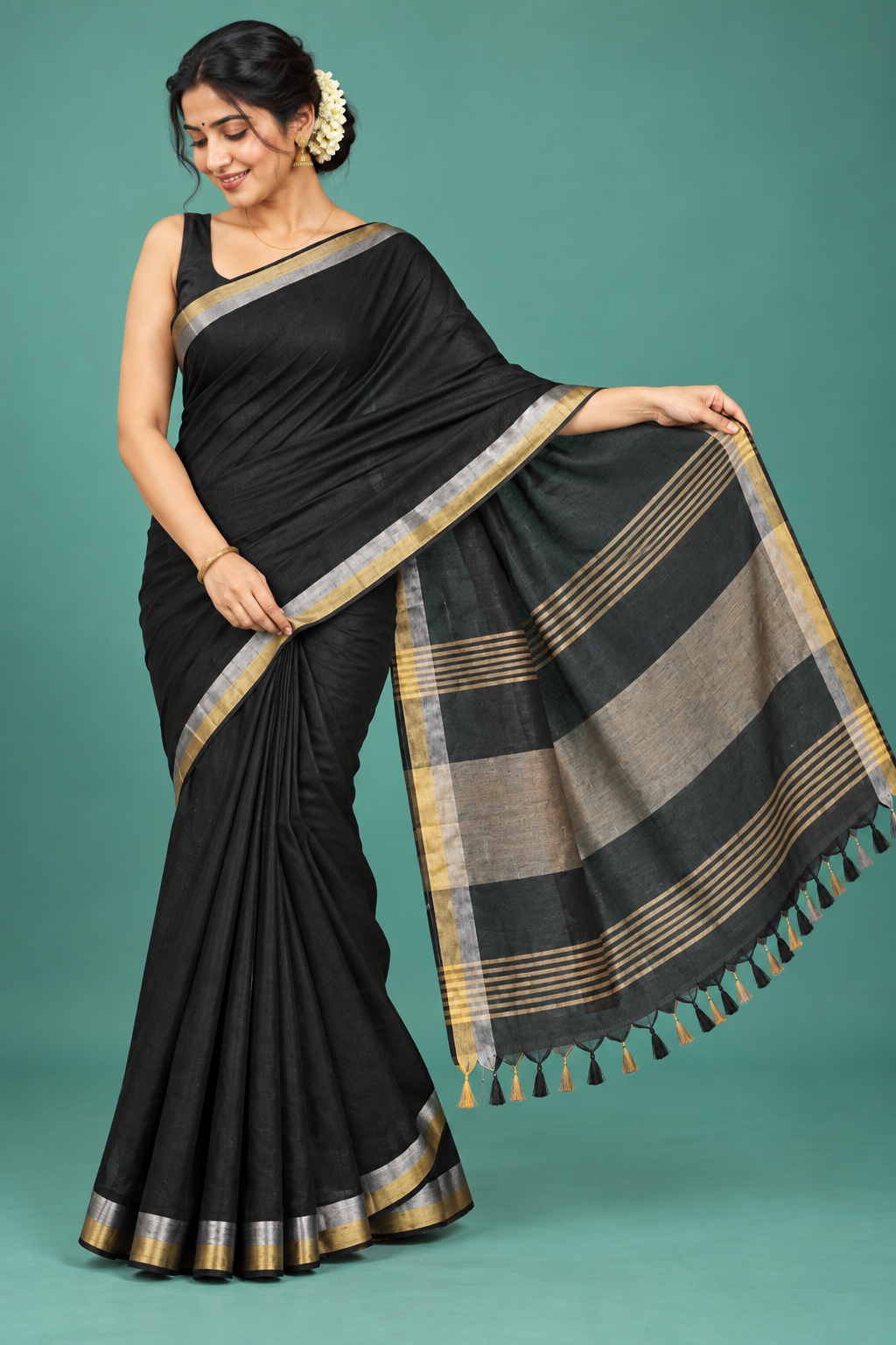 Classic Black Handloom Saree with Dual-Tone Border