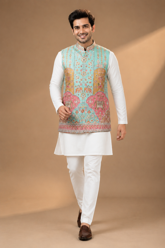 Aqua Blue Heritage Printed Nehru Jacket
