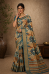 Teal & Sand Abstract Print Saree with Elegant Gold Zari Border