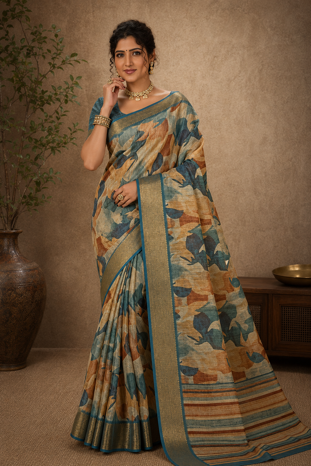 Teal & Sand Abstract Print Saree with Elegant Gold Zari Border