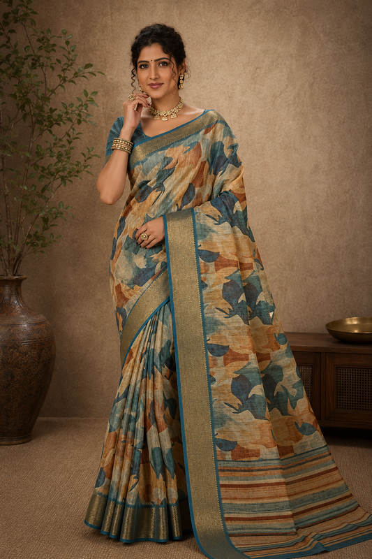 Teal & Sand Abstract Print Saree with Elegant Gold Zari Border
