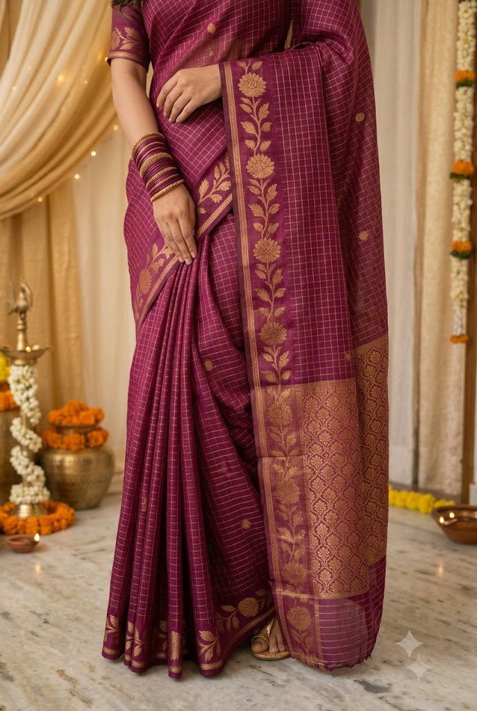 Wine Checked Silk Saree with Traditional Gold Zari Border