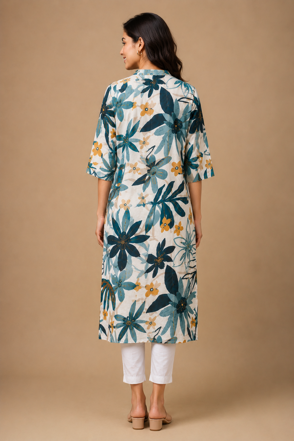 Teal Bloom Printed Long Kurti