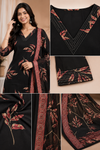 Black Leaf Print Kurta Pant with Printed Dupatta Set for Women