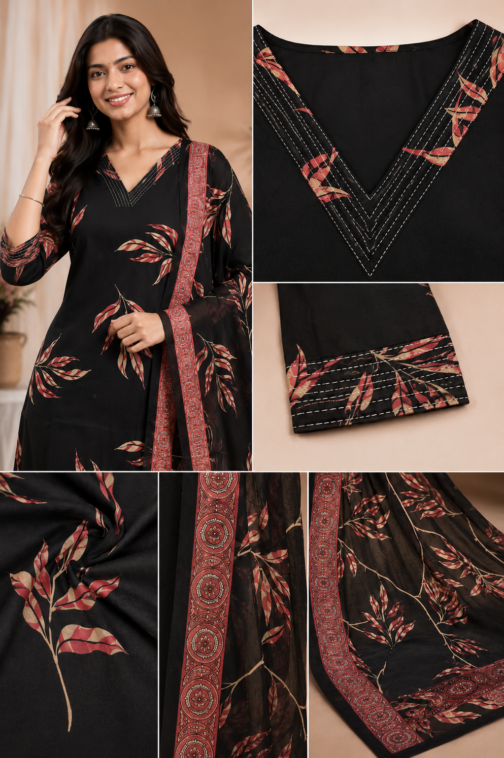 Black Leaf Print Kurta Pant with Printed Dupatta Set for Women