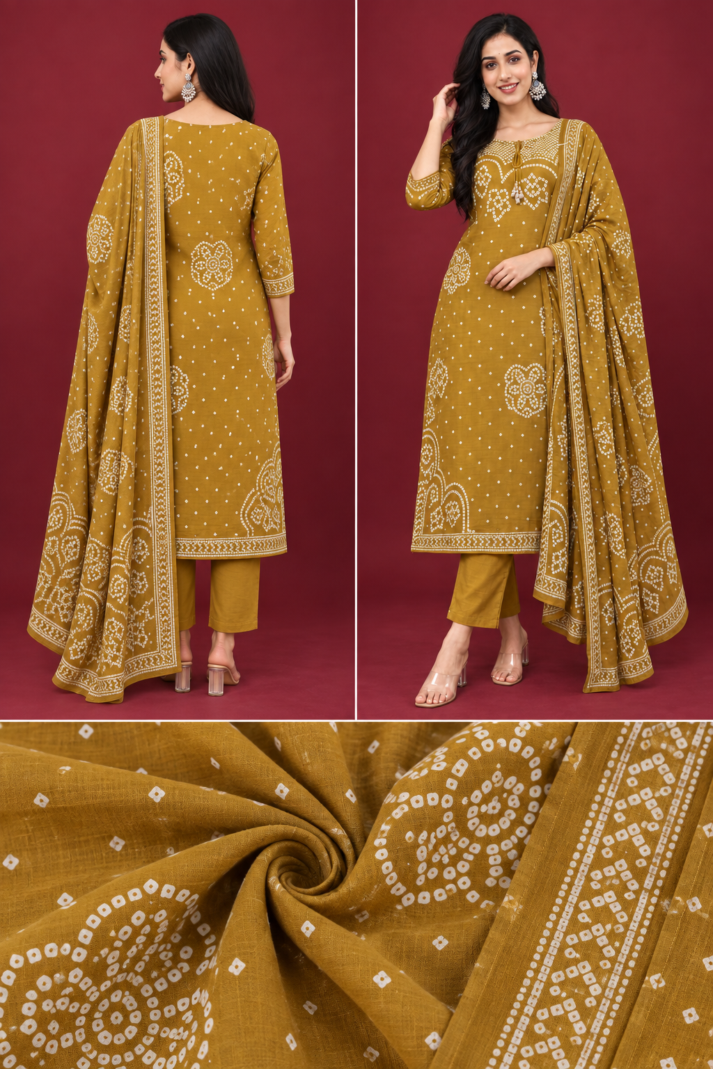 Mustard Bandhani Print Kurta Set with Dupatta