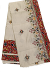 Elegant Ivory Saree with Multicolor Embroidery & Traditional Red Border