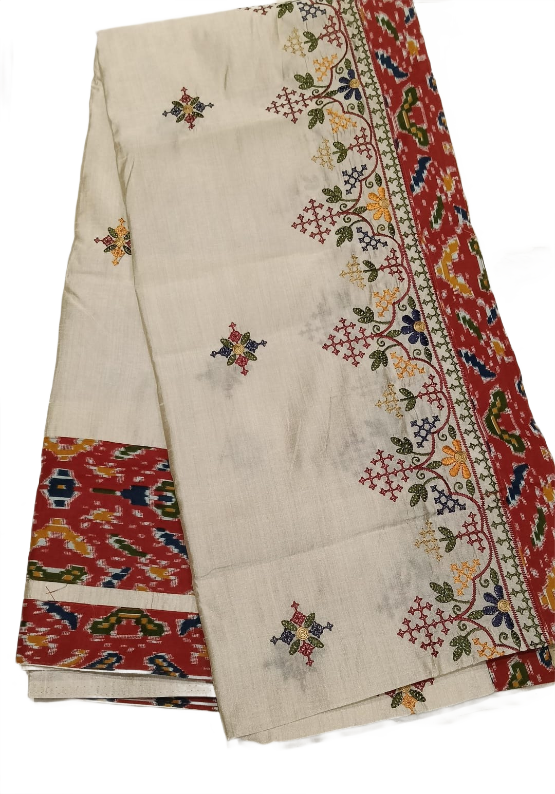 Elegant Ivory Saree with Multicolor Embroidery & Traditional Red Border