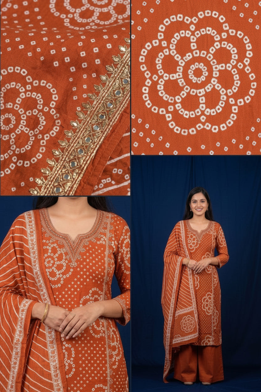 Rust Orange Printed Cotton Kurta Set with Matching Dupatta