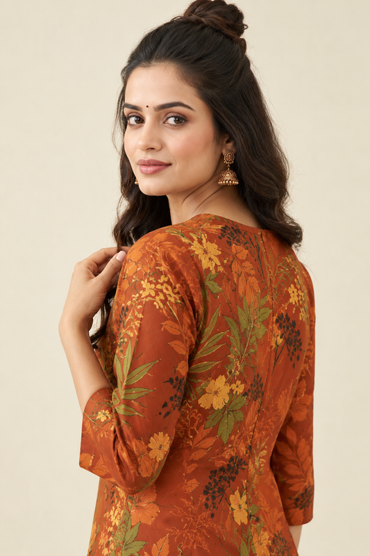 Rust Orange Floral Printed Front-Button Co-Ord Set