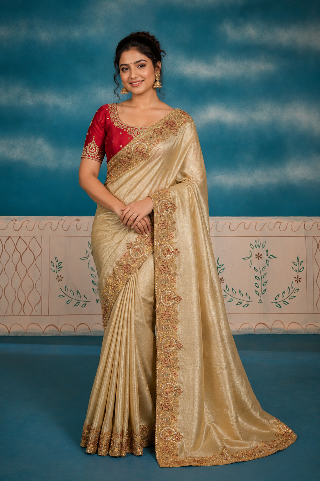 Gold Designer Saree with Intricate Zari Embroidered Border
