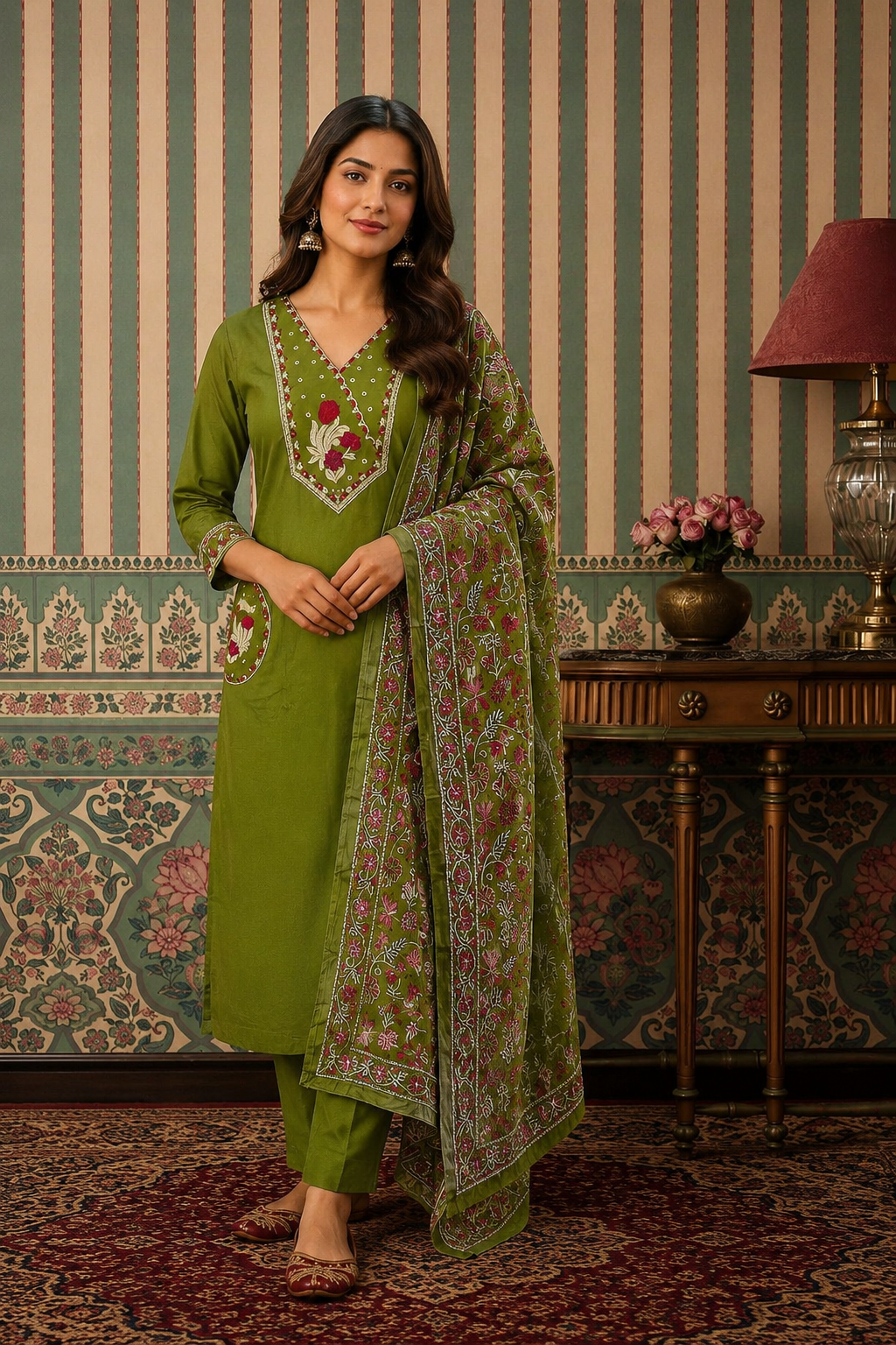 Olive Green Floral Embroidered Kurta Set with Printed Dupatta