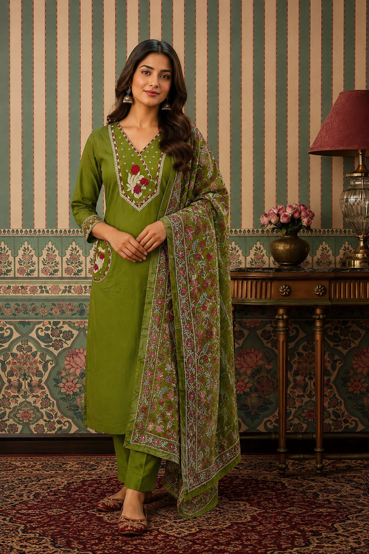 Olive Green Floral Embroidered Kurti Set with Printed Dupatta