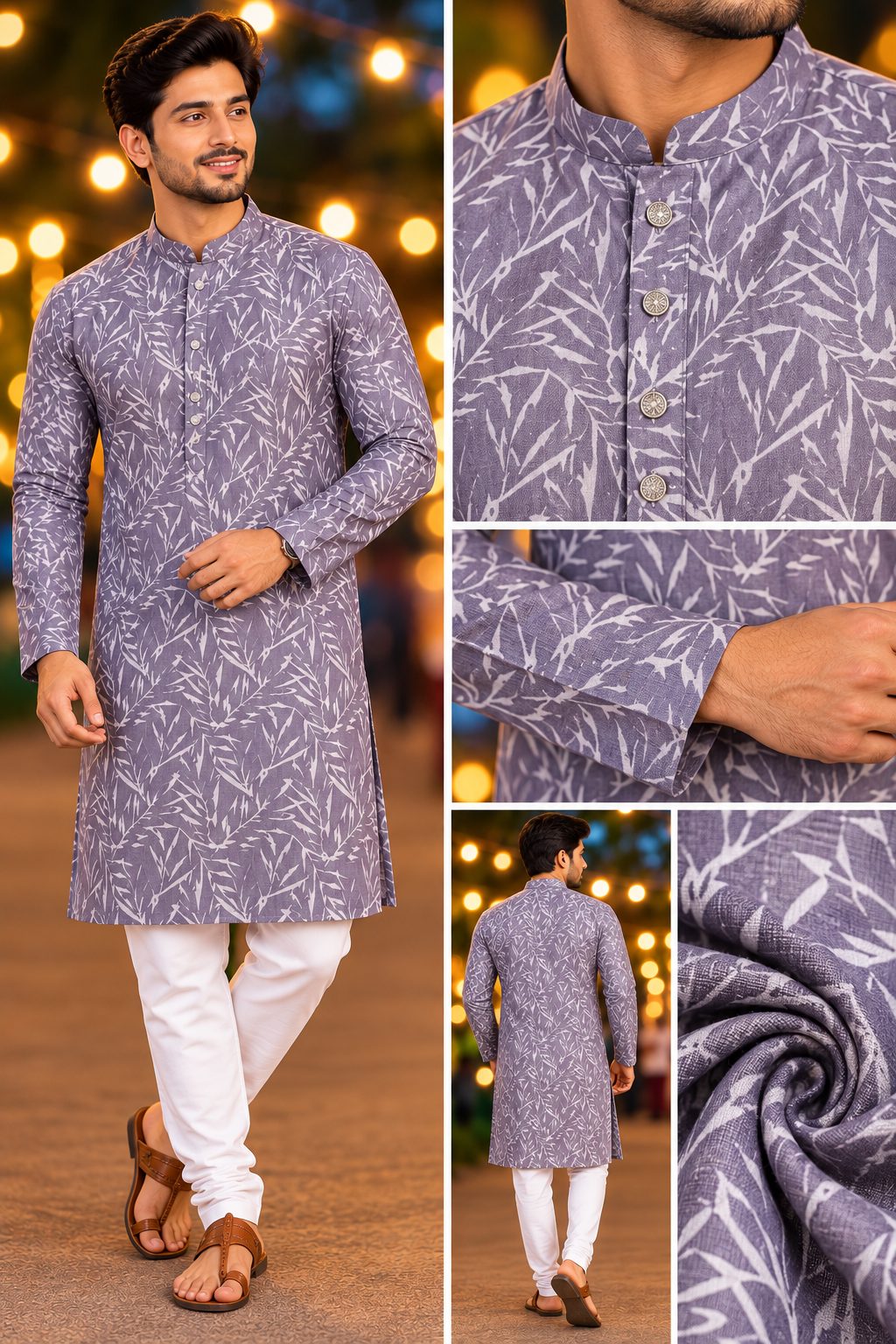 Men’s Lavender Grey Leaf Print Only Kurta
