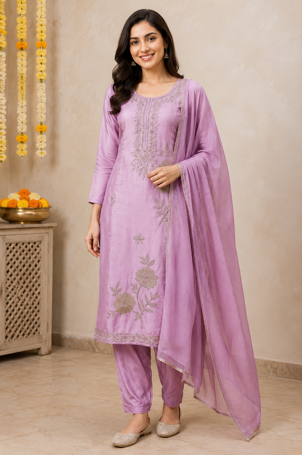 Lavender Embroidered Kurta Pant & Dupatta Set