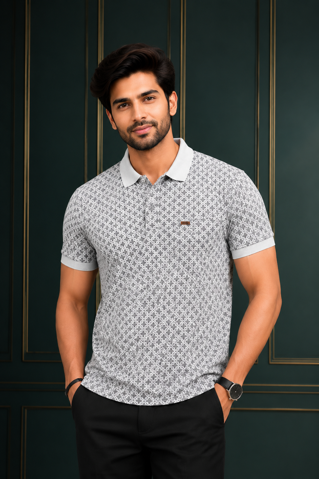 Men's Premium Grey Printed Polo T-Shirt | Soft Cotton Blend | Smart Half Sleeve Polo