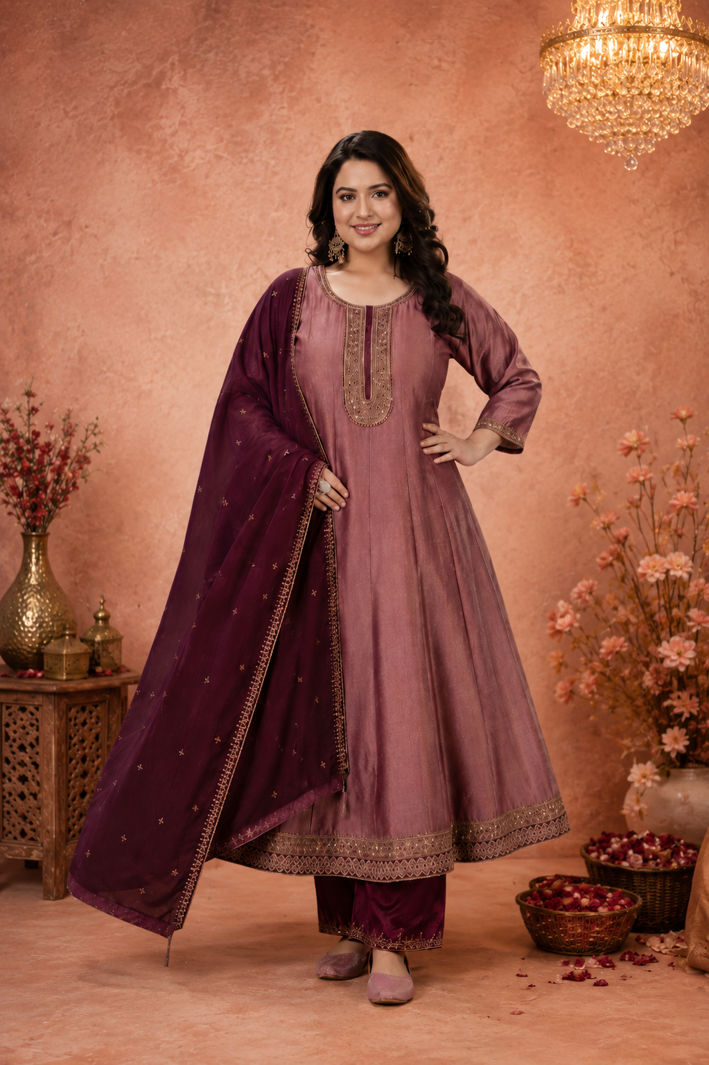 Elegant Mauve Embroidered Anarkali Kurta Set with Dupatta