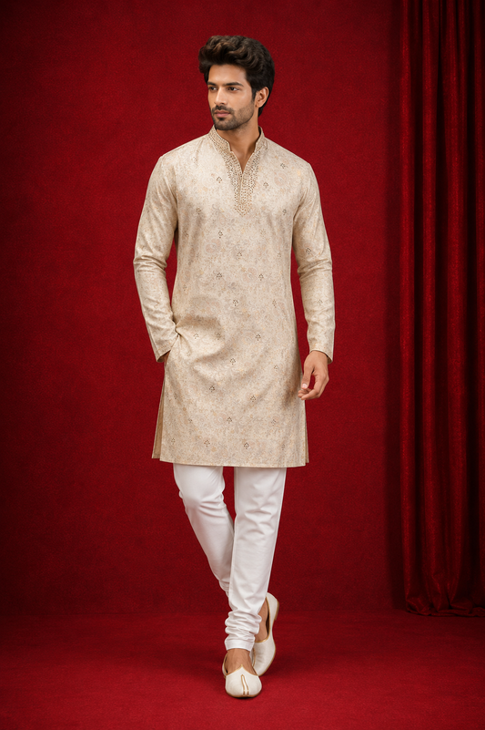 Beige Chanderi Silk Embroidered Kurta Set with Churidar for Men