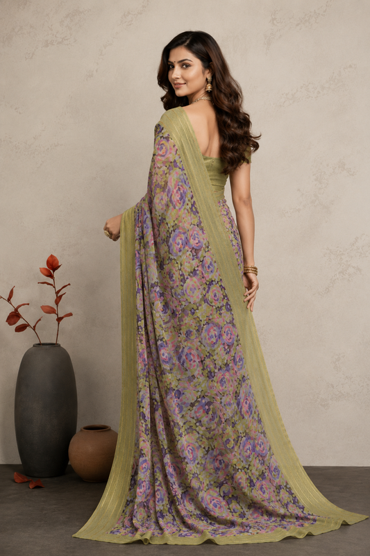 Women's Olive Green Border Floral Printed Saree | Elegant Lightweight Party & Festive Wear