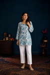 Sky Blue Floral Print Short Kurti