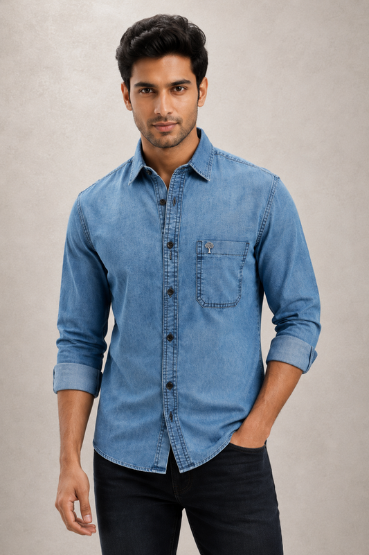 Men’s Light Blue Washed Denim Full-Sleeve Shirt