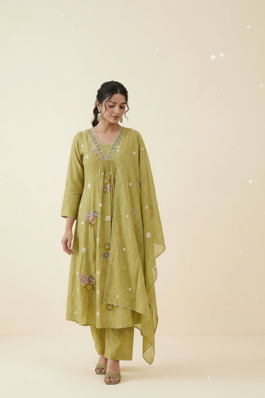 Olive Green Floral Embroidered Kurta Set with Dupatta