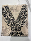 Women's Beige Floral Printed Straight Kurti with Black Embroidered V-Neck